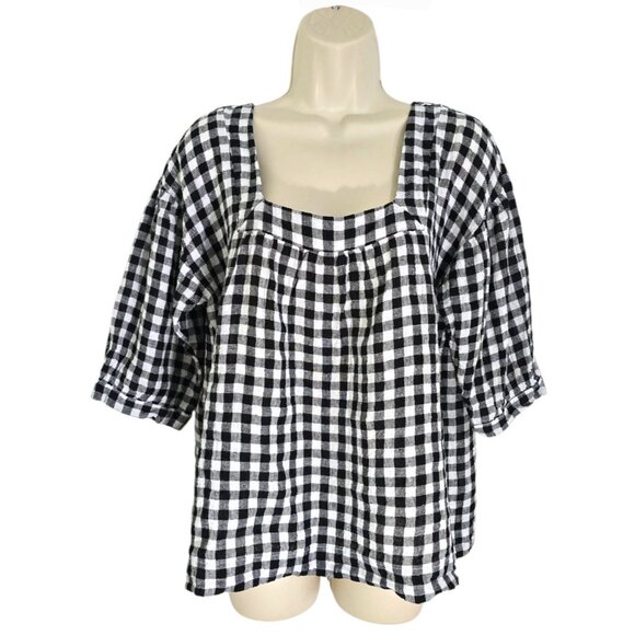 Korinne Vader Womens Black White Gingham Square Neck Linen Blouse Size M - Picture 1 of 9